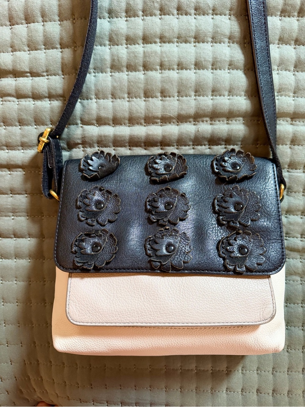Vtg Fossil Kinley Floral Leather Crossbody Black/Ivory/Tan